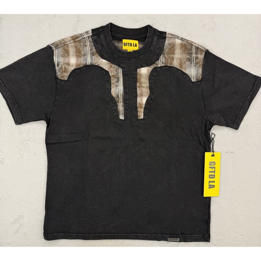 GFTD LA Pike T Shirt Mens Small Black Plaid Western‎ Yoke Streetwear Boxy Fit